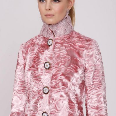 Veronica pink coat worn by a blonde model