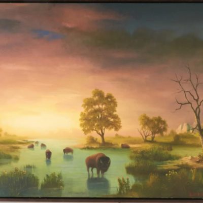 Silhouette of the Platte River Valley painting of buffalo at sunset
