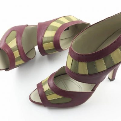 Purple and olive striped strappy heels