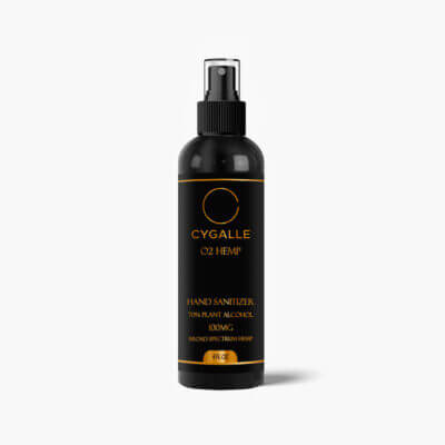 Cygalle black spray bottle with orange label, lighter background